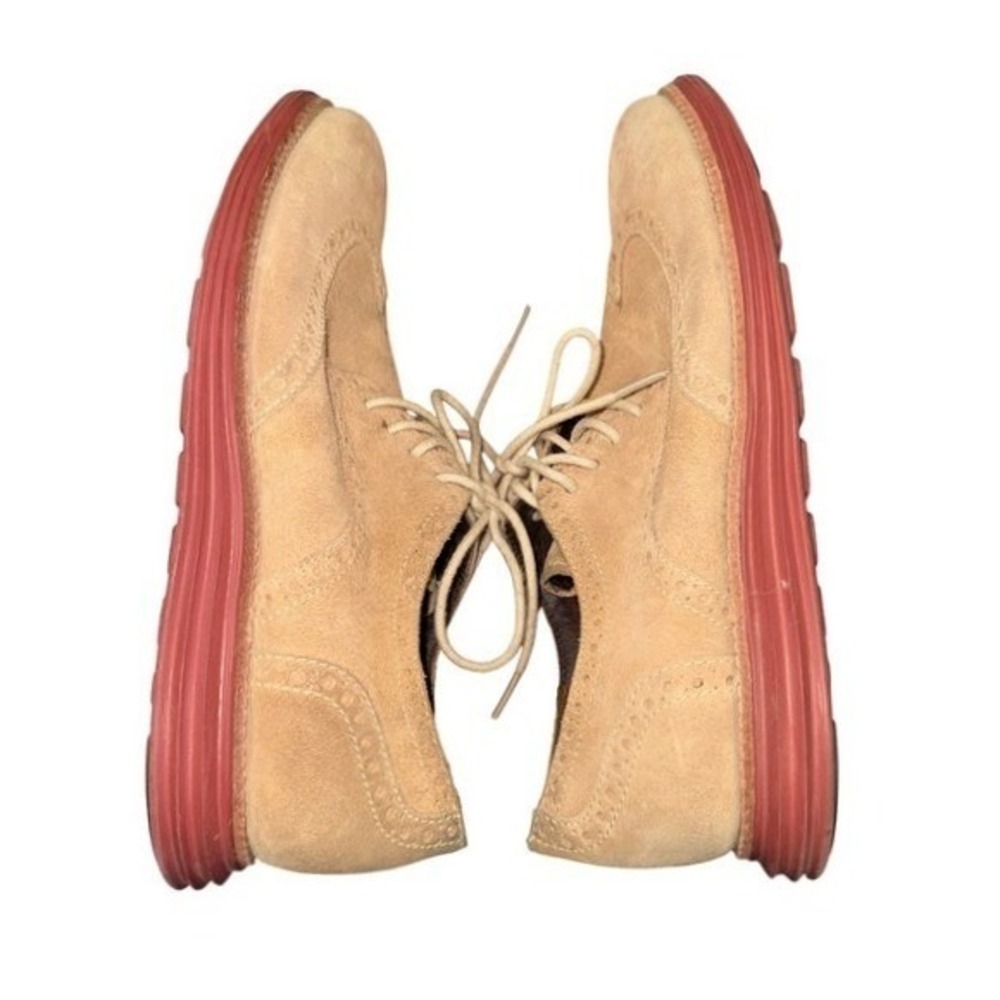 Cole Haan LunarGrand Oxford Mens 8M Pre-Owned Wingtip Tan Suede Red Dress Shoes